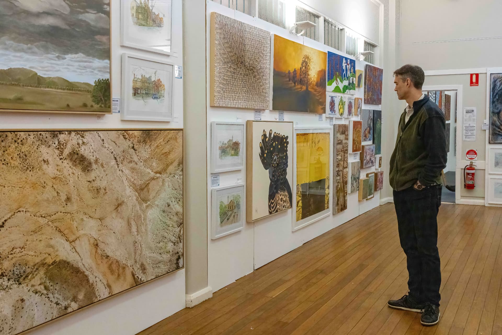 A visitor admiring artworks in the gallery