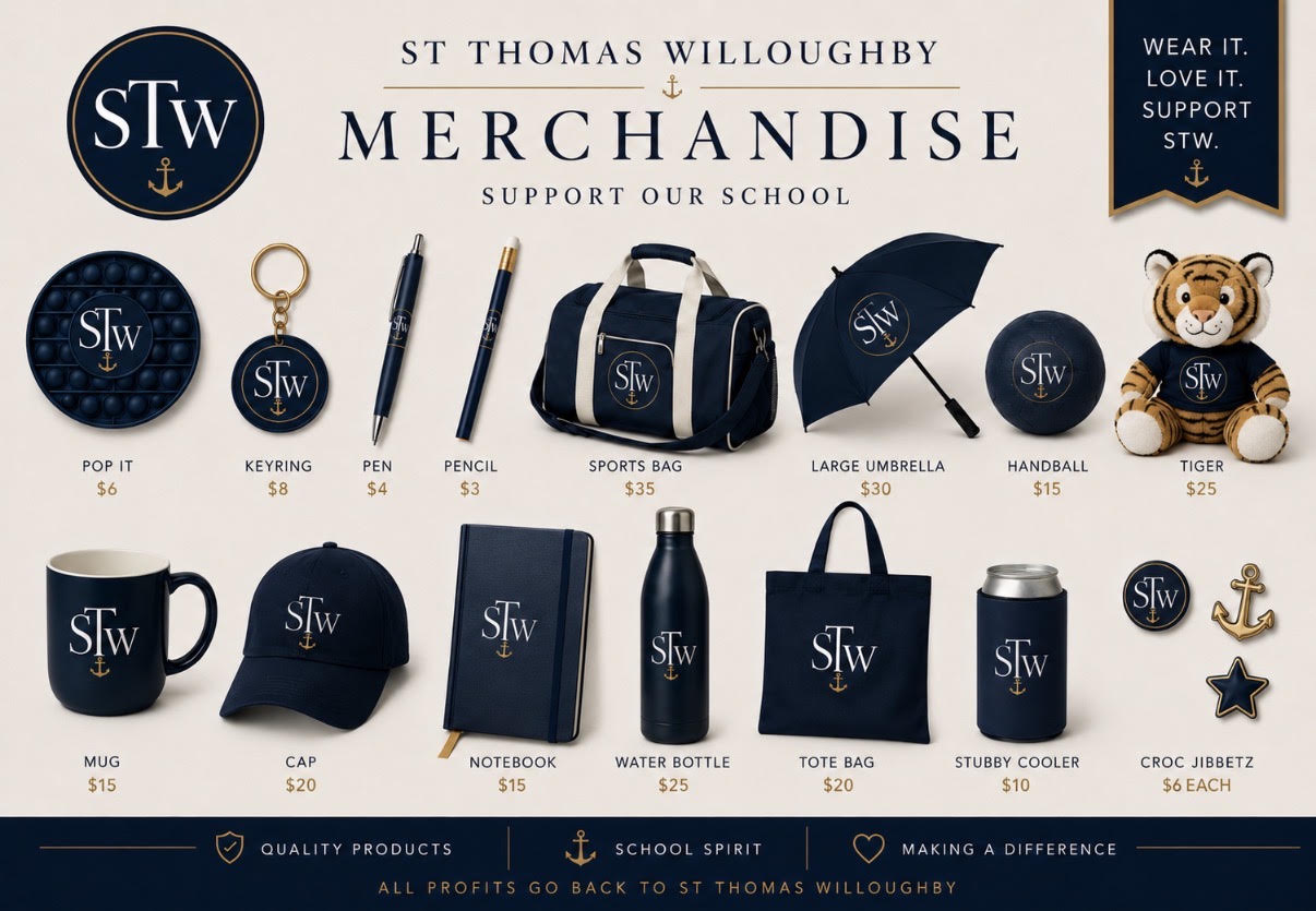 Official St Thomas merchandise display with caps, bags, mugs and accessories
